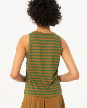 T-shirt a righe senza maniche Kaki. Composizione: 70% cotone organico 30% lino. Brand Surkana