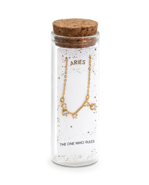 Collana Ariete, acciaio dorato. Presentata elegantemente in piccola bottiglietta con frase descrittiva segno zodiacale.