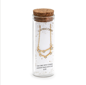 La collana Costellazione Capricorno in acciaio gold plated. Le collane sono inserite in una glass bottle, insieme ad una frase che descrive il segno.