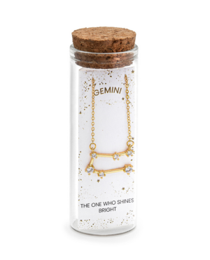 Collana Gemelli, acciaio dorato. Presentata elegantemente in piccola bottiglietta con frase descrittiva segno zodiacale.
