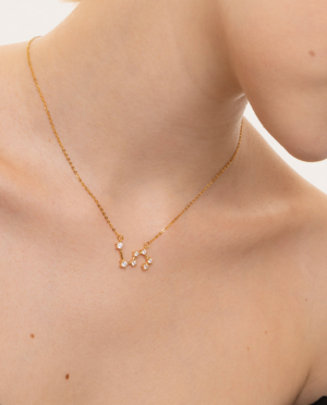 Collana Leone, acciaio dorato. Presentata elegantemente in piccola bottiglietta con frase descrittiva segno zodiacale.