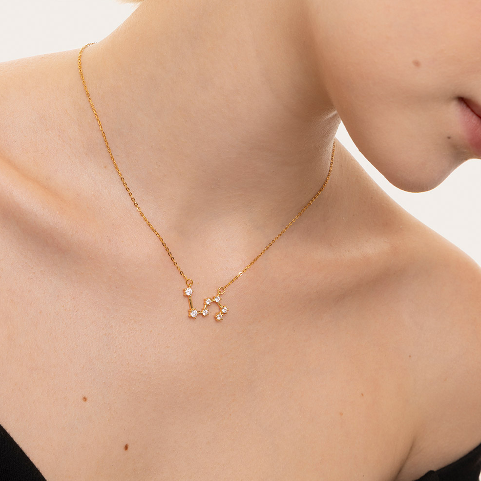 Collana Leone, acciaio dorato. Presentata elegantemente in piccola bottiglietta con frase descrittiva segno zodiacale.