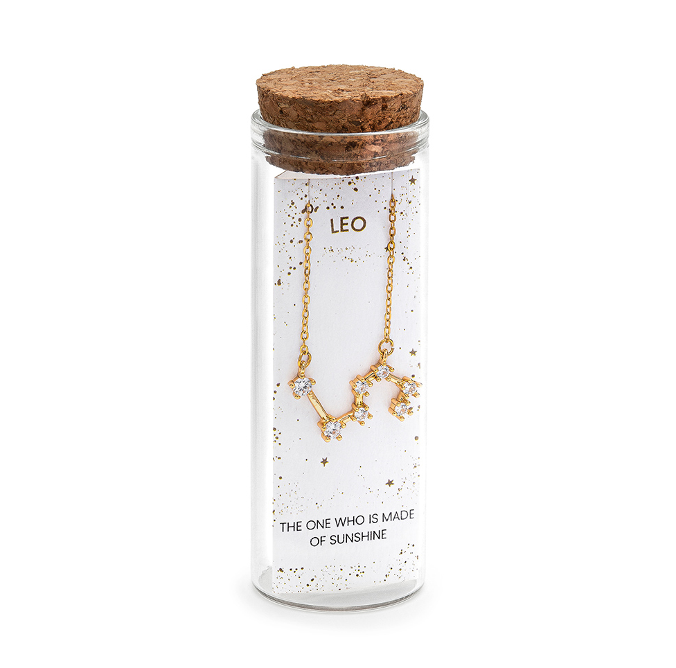 Collana Leone, acciaio dorato. Presentata elegantemente in piccola bottiglietta con frase descrittiva segno zodiacale.