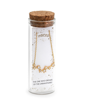 Collana Pescfi, acciaio dorato. Presentata elegantemente in piccola bottiglietta con frase descrittiva segno zodiacale.