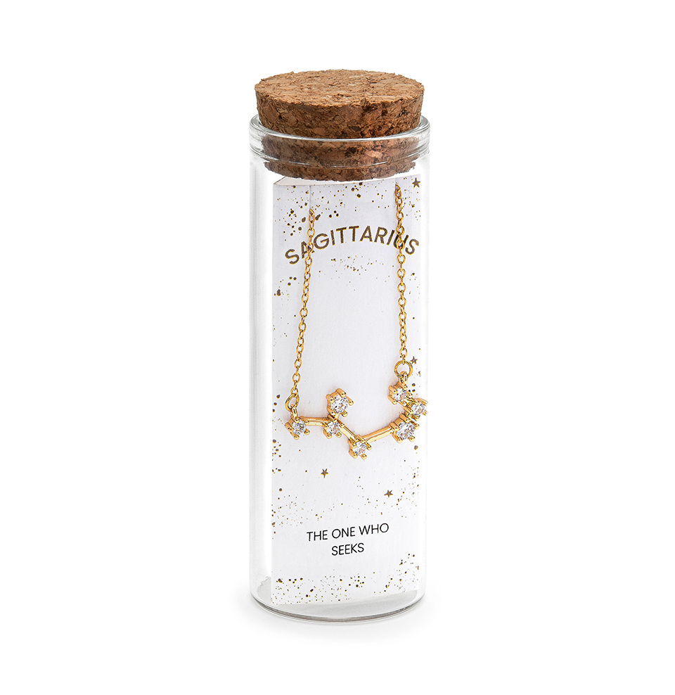 Collana Scorpione, acciaio dorato. Presentata elegantemente in piccola bottiglietta con frase descrittiva segno zodiacale.