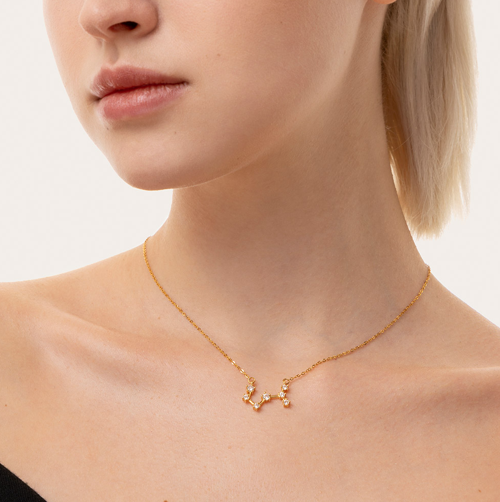 Collana Scorpione, acciaio dorato. Presentata elegantemente in piccola bottiglietta con frase descrittiva segno zodiacale.