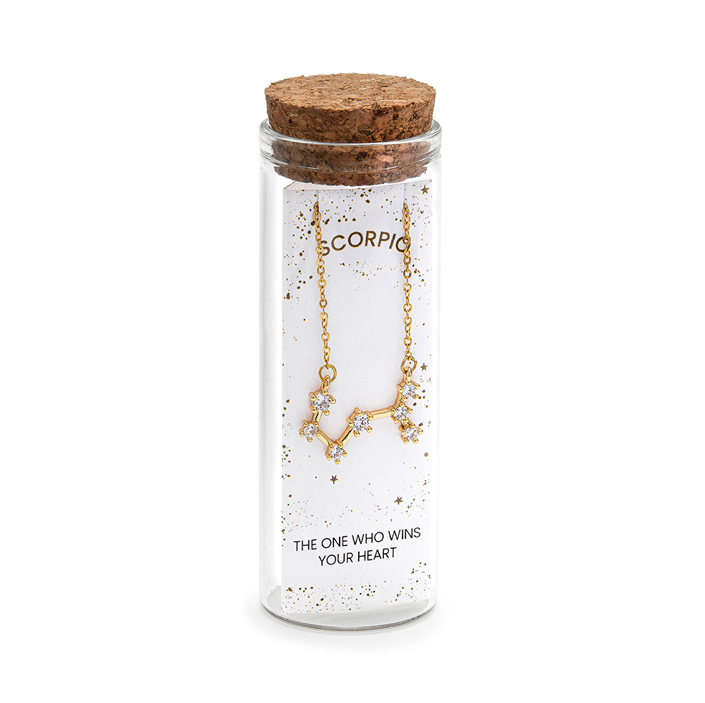Collana Scorpione, acciaio dorato. Presentata elegantemente in piccola bottiglietta con frase descrittiva segno zodiacale.
