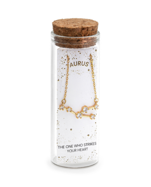 Collana Toro, acciaio dorato. Presentata elegantemente in piccola bottiglietta con frase descrittiva segno zodiacale.