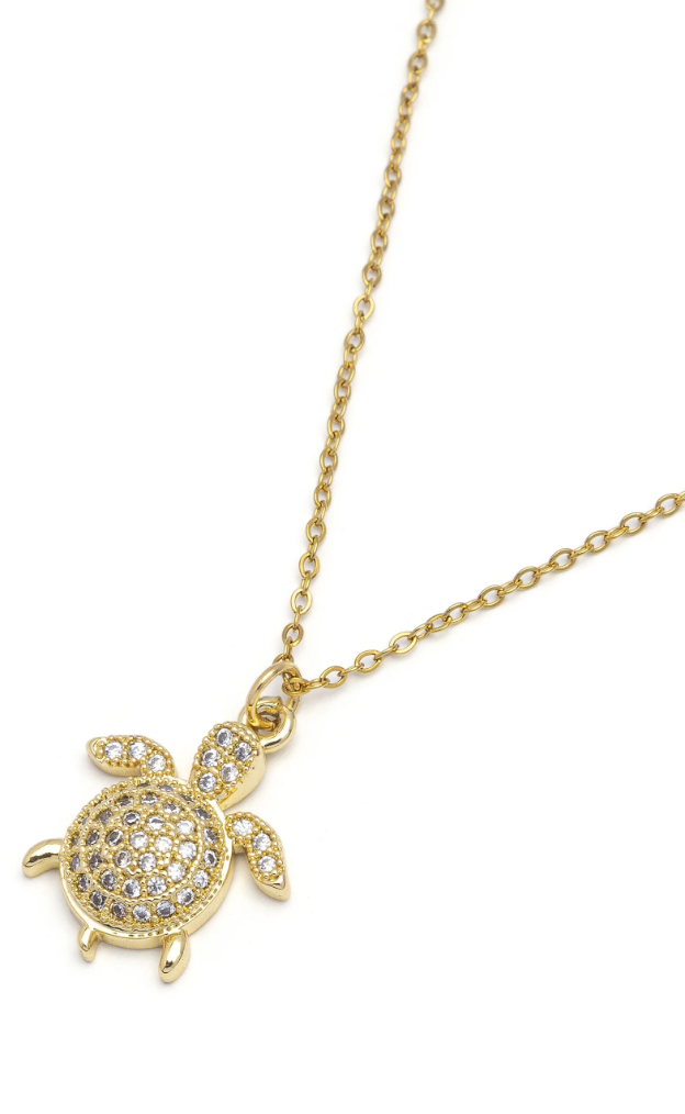 Collana tartaruga Pavè in Rame placcato oro con pietre zirconia. Nickel tested.